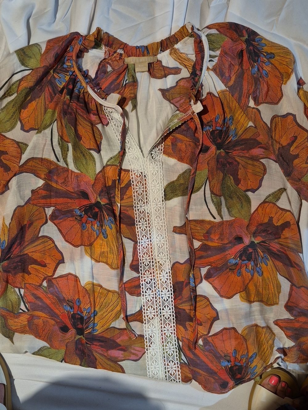 Boho Tie-Neck Floral Peasant Blouse - Orange Floral
